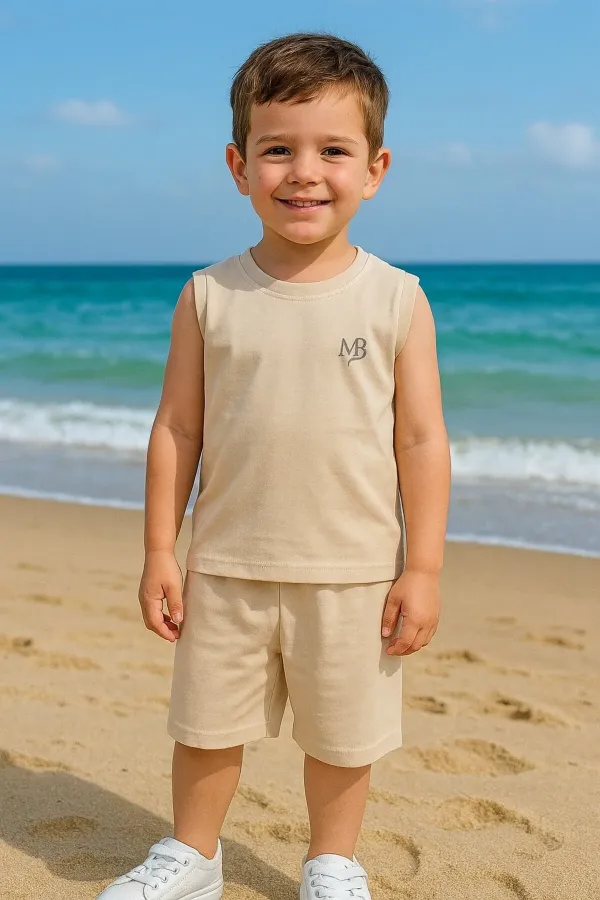 Kolsuz Reflektör MB Baskılı Kız Erkek Çocuk Yazlık Şortlu Takım