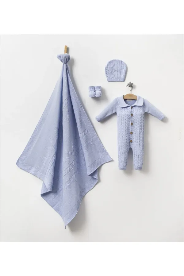 Triko Tulum Battaniye Patik Şapka Bebek 4lü Kutulu Set