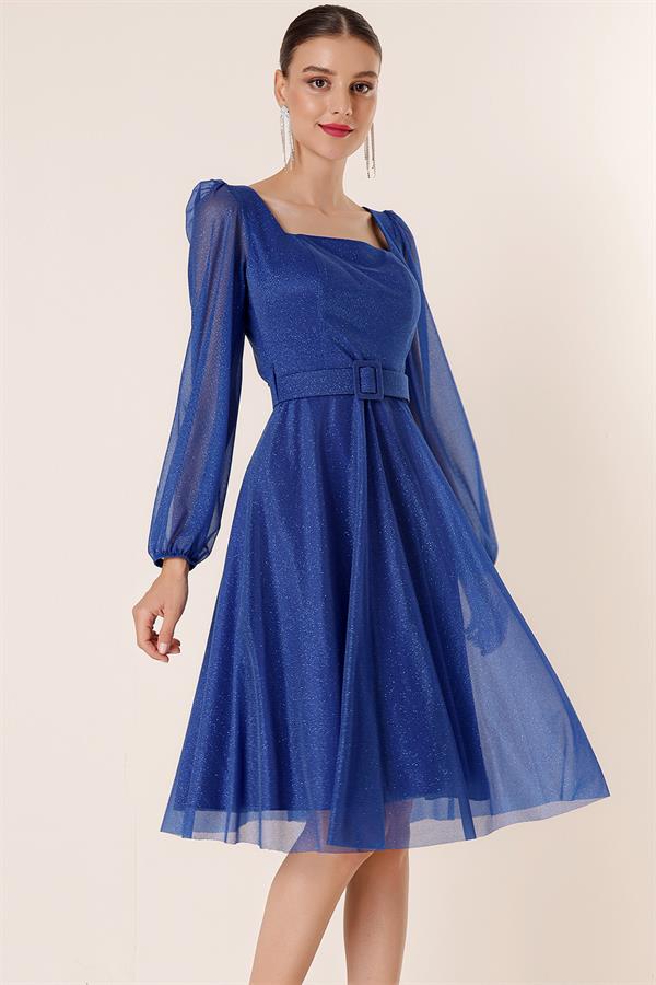 Square Neck, Belted, Balloon Sleeve, Lined, Glittery Dress Square Neck, Belted, Balloon Sleeve, Lined, Glittery Dress