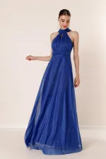 Boyundan Bağlamalı Astarlı Simli Uzun Elbise