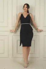 Kadın Çift İp Askılı Üstü Şifon Kemerli Kısa Krep Elbise