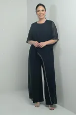 Kadın Üstü Şifon Taş Detaylı İspanyol Kollu Bol Paça Büyük Beden Likralı Tulum