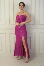 Robe longue à sequins fendue, doublée, sans bretelles, à armatures et laçage au dos
