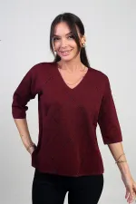 Kadın V Yaka Baklava Desenli Yarım Kol Simli Bluz