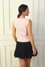 Blouse with Piped Neckline and Zipper Back