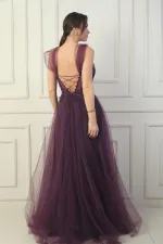 Robe de soirée princesse pour femme, décolleté en V devant et dos, manches tombantes doublées et broderie appliquée sur le haut