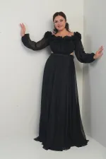 Çiçekli Madonna Yaka Kemerli Astarlı Şifon B.B. Uzun Elbise