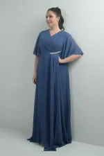 Women's V-Neck, Waistband with Stone Embellishment, Draped, Lined, Plus Size Long Chiffon Dress