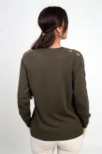 Kadın Kolu Şerit Dekolteli Triko Bluz