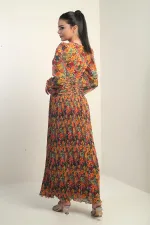 Kadın V Yaka Astarlı Çiçek Desenli Komple Pileli Şifon Uzun Elbise