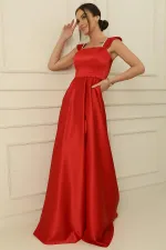 Askılı Taş Detaylı Kare Yaka Astarlı Uzun Saten Elbise