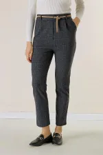 Bel Lastikli Kemerli Yandan Cepli Ekose Dar Paça Pantolon