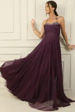 Önü Drapeli Taş Detaylı Astarlı Uzun Tül Abiye Elbise