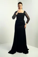 Robe de soirée longue en crêpe satin pour femme, col carré, doublée, manches perlées, corps large