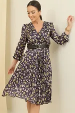 Wrap Neck, Belted Waist, Lined, Shawl Patterned Pleated Satin Dress