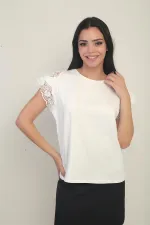 Women's Round Neck Short Lace Sleeve Lycra Blouse