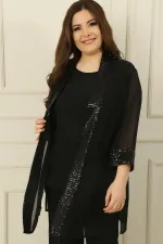 Ensemble 2 pièces veste en mousseline de soie à col châle et paillettes avec chemisier sans manches, grande taille