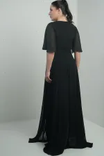 Kadın V Yaka Beli Taşlı Drapeli Astarlı Büyük Beden Uzun Şifon Elbise