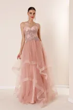 Long, Layered Tulle Taffeta Evening Dress with Beaded Embellishments