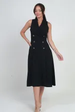 Kadın Kruvaze Yaka Astarlı Çift Yırtmaçlı Düğme Detaylı Midi Krep Elbise