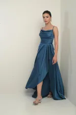 Robe longue en satin pour femme, à bretelles, laçage au dos, doublée et à volants.