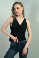 Kadın Degaje Yaka Kolsuz Krep Saten Bluz