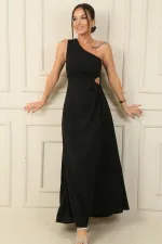 Kadın Tek Omuz Yan Pencere Detaylı Uzun Krep Saten Elbise