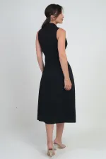 Kadın Kruvaze Yaka Astarlı Çift Yırtmaçlı Düğme Detaylı Midi Krep Elbise