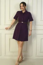 Button-front, short-sleeved, belted A-line pleated dress
