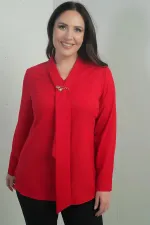 Kadın V Yaka Fularlı Krep Saten Büyük Beden Bluz