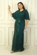 Women's Beaded and Sequined Chiffon Lined Long BB Dress