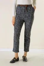 Beli Lastikli Kemerli Yandan Cepli Cam Kırığı Desen Dar Paça Pantolon