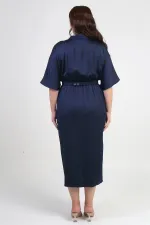 Women's Wrap Neck Short Batwing Sleeve Double Pleated Crepe Satin Plus Size Midi Designer Dress