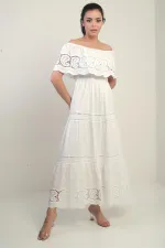 Women's Madonna Neckline Lined Long Dress with Lace Details and Embroidery