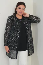 Kadın Uzun Kollu Likralı Bluz Yaldızlı Yaprak Baskılı Şifon Ceket Büyük Beden 2'li Takım