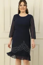 Plus Size Crepe Dress with Chiffon Pleats on Sleeves and Hem and Stone Embellishments