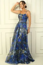 İp Askılı Arkası Bağcıklı Astarlı Pileli Organze Uzun Elbise