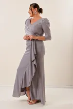 Robe longue pailletée à manches trois-quarts et volants sur le devant, grande taille