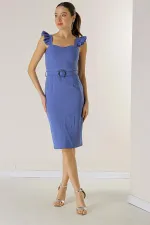 Askıları Fırfırlı Glop Detaylı Astarllı Beli Kemerli Krep Elbise