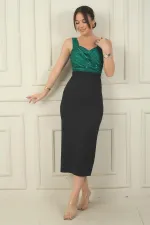 Kadın Kalın Askılı Astarlı Üstü Saten Krep Şanel Uzun Elbise