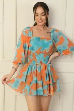 Kare Yaka Beli Gipeli Astarlı Soyut Desen Kat Kat Şifon Elbise