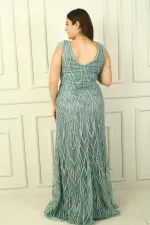 Women's Plus Size Long Dress with Tasseled Shoulders, Lined, and Embellished with Beads and Stones