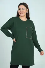 Women's Single Front Pocket Stone Print Detailed Plus Size Knitwear Tunic Blouse