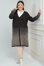 Kadın Cepli Leopar Karyağdı Desen Büyük Beden Triko Uzun Hırka