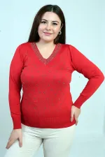Women's V-Neck Front Stoned Cold Yarn Plus Size Knitwear Blouse