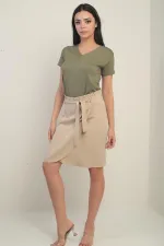 Kadın Beli Kuşaklı Kruvaze Lyocell Kısa Etek