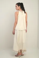 Women's Beaded Halter Neck Blouse and Elasticated Waist Lined Tassel Skirt 2-Piece Set