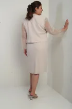 Kadın Kruvaze Yaka Beli Drapeli Elbise Kolları Tül Ceket Astarlı Pul Detaylı Büyük Beden 2'li Takım