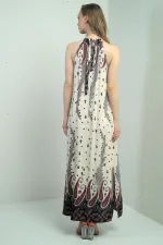 Women's Halter Neck Tie-Up Floral Print Long Dress with Pockets