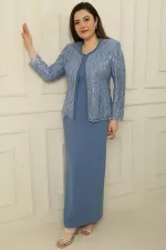 Robe longue à manches demi-lune avec veste en tulle brodée de perles et de sequins, doublée, ensemble deux pièces grande taille